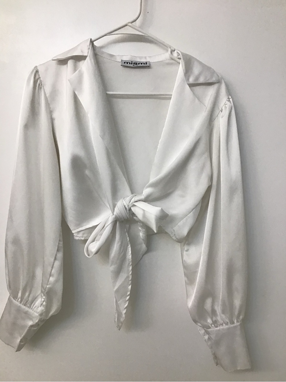 Tie-Front White Satin Blouse